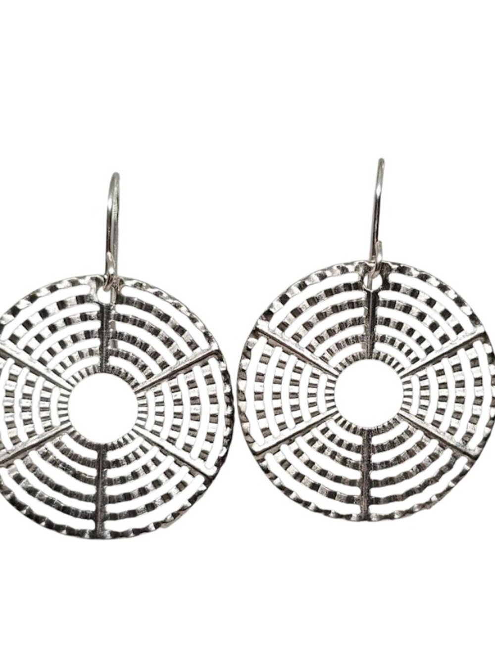 Silver Filigree Disc Earrings Round Boho Dangle Laser Cut Lace Handmade
